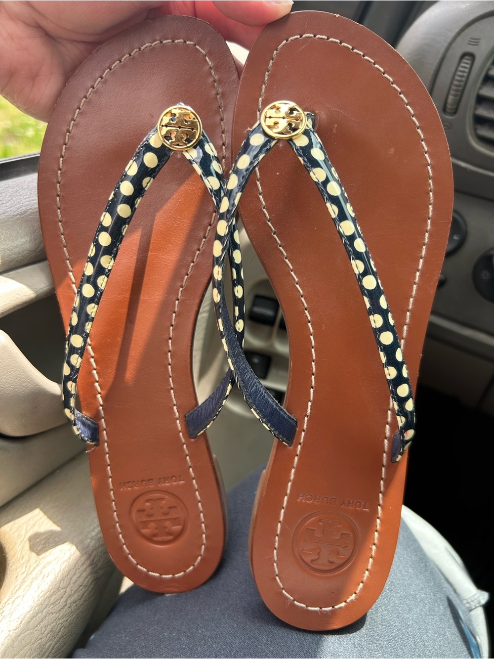 Tory Burch Navy and Cream Polka Dot Leather Flip Flop Sandals